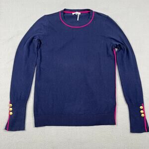 Court & Rowe Navy Blue Crewneck Sweater Pink Trim Gold Cuff Buttons Women's XS